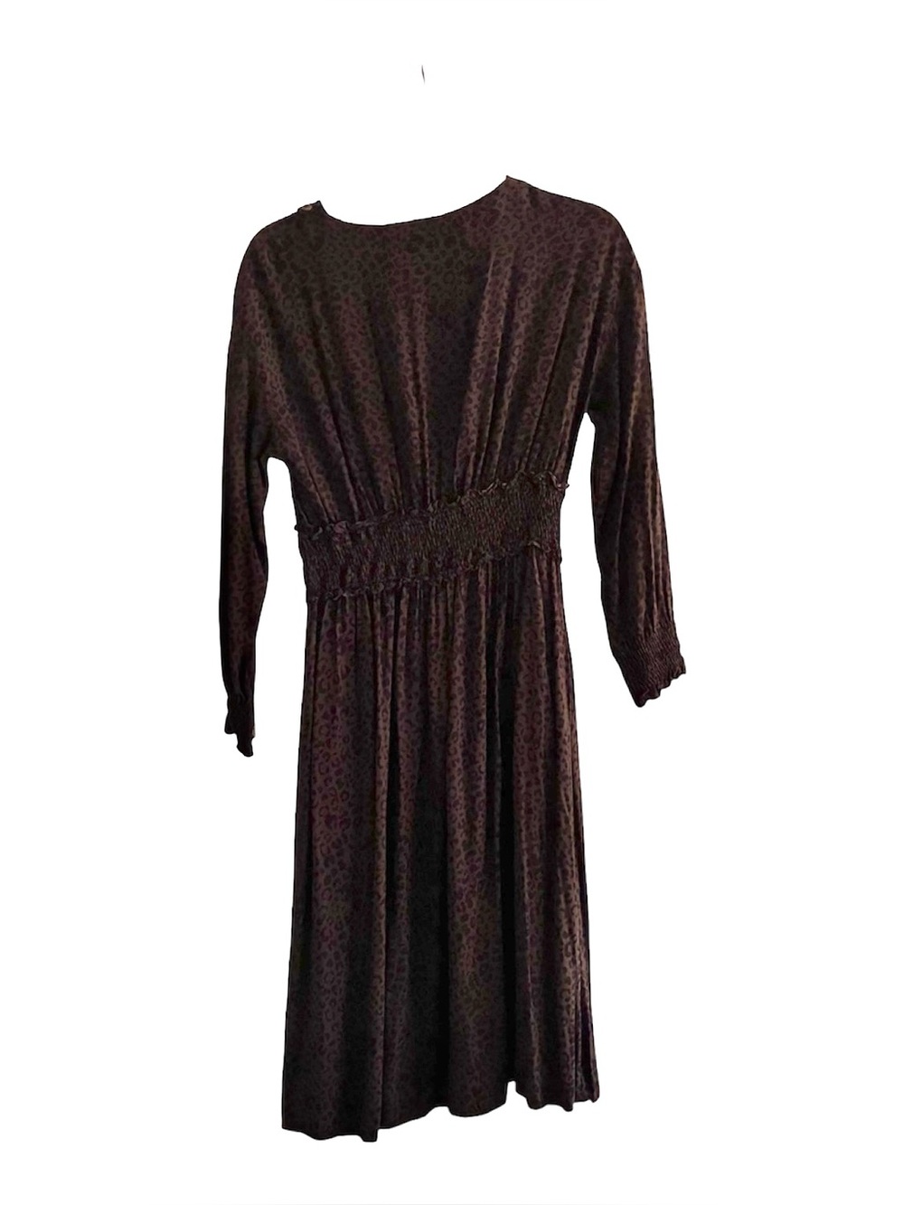 Women's Brown and Olive Green Long Sleeve Smocked Waist Dress